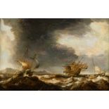 Simon de Vlieger (monogram): painting (o/p) 'ships caught in the storm' (27x40cm)