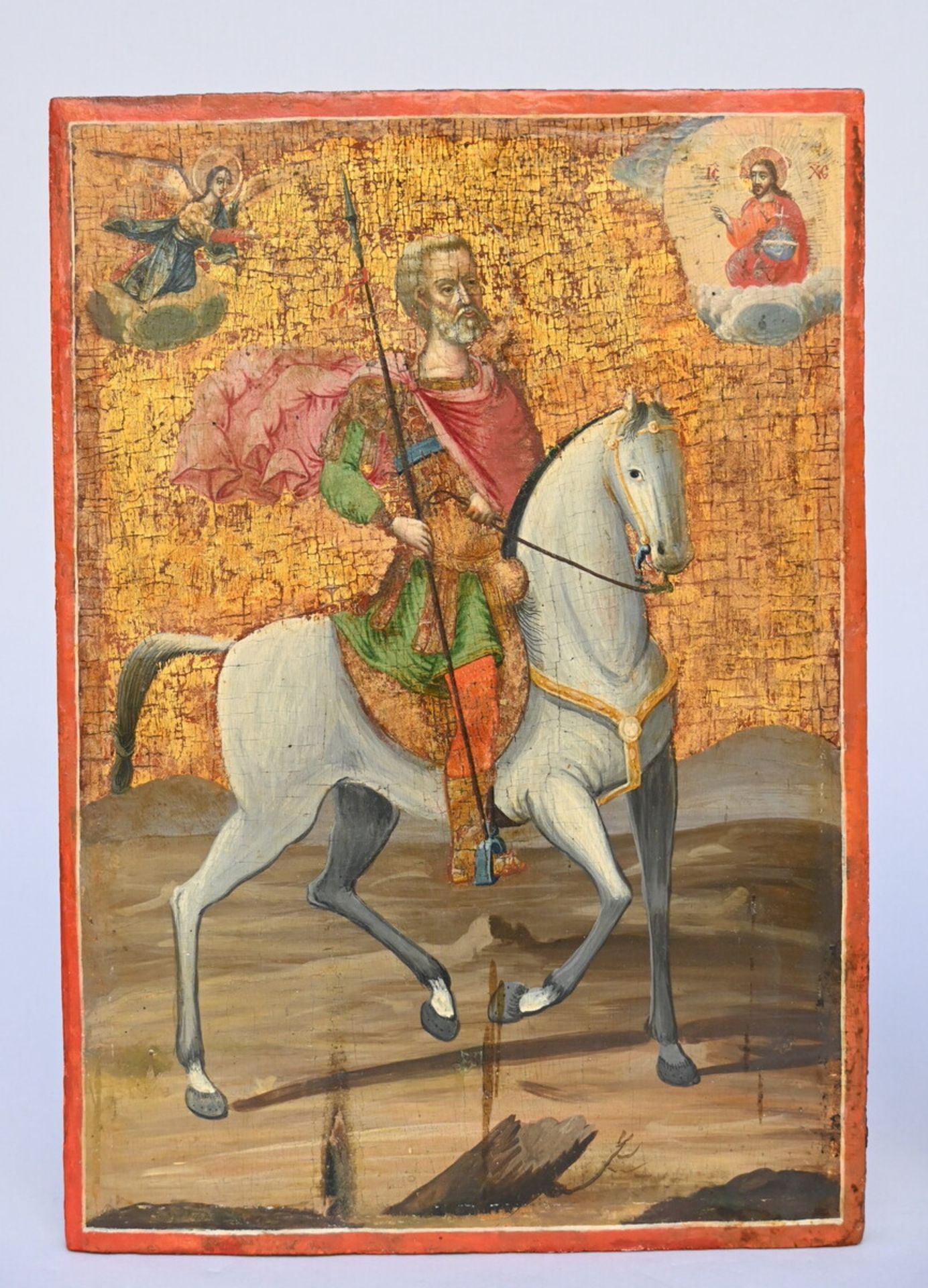 Two Russian icons 'two horsemen' and 'Saint-Michael on horseback' (32x26cm) (44x31cm) (*) - Image 4 of 5