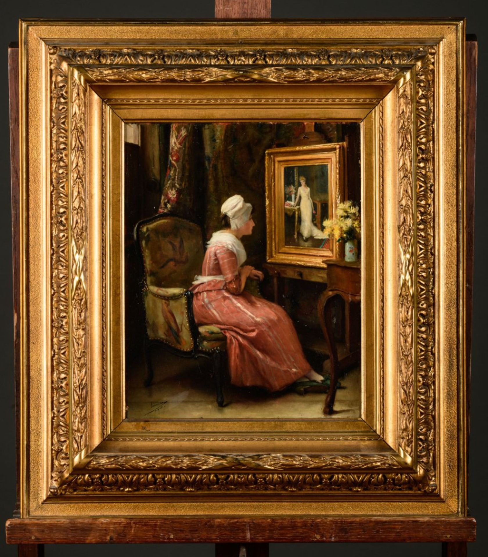 Auguste Serrure: painting (o/p) 'lady inspecting a portrait' (h40x33cm) - Image 2 of 5