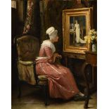 Auguste Serrure: painting (o/p) 'lady inspecting a portrait' (h40x33cm)