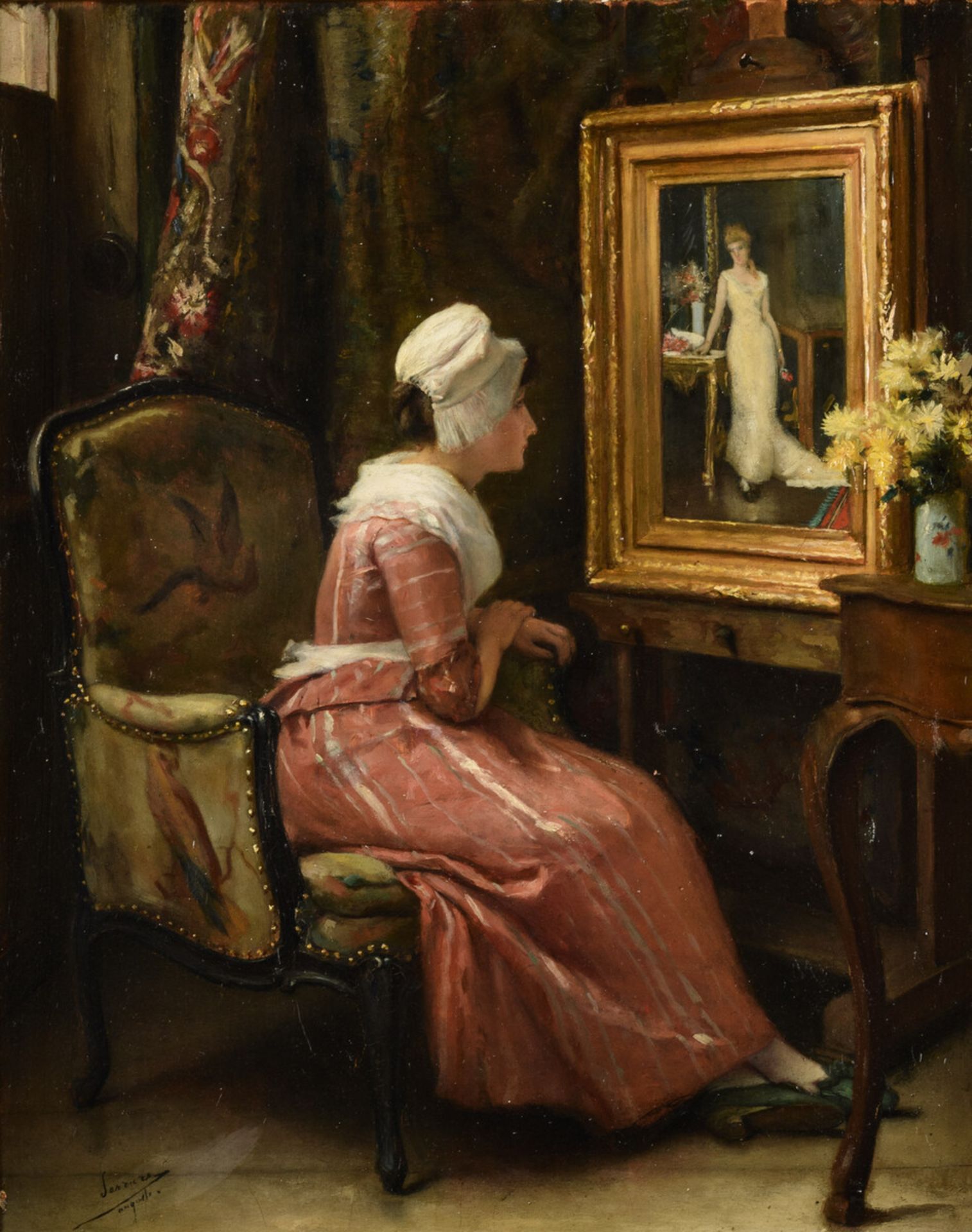 Auguste Serrure: painting (o/p) 'lady inspecting a portrait' (h40x33cm)