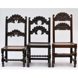 Three English chairs, 17th-18th century (h107, 102, 97cm)