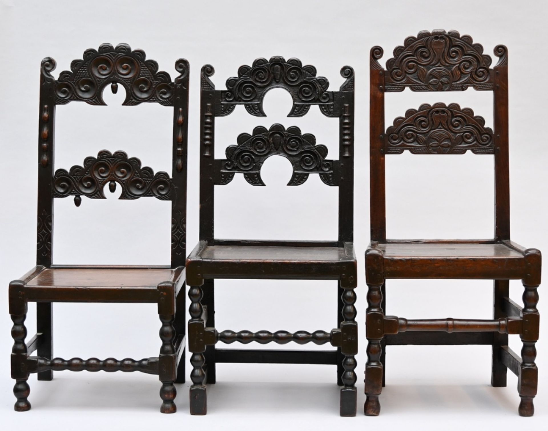 Three English chairs, 17th-18th century (h107, 102, 97cm)