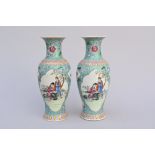 A pair of Chinese turquoise vases famille rose porcelain 'elegant scenes' (h31cm)