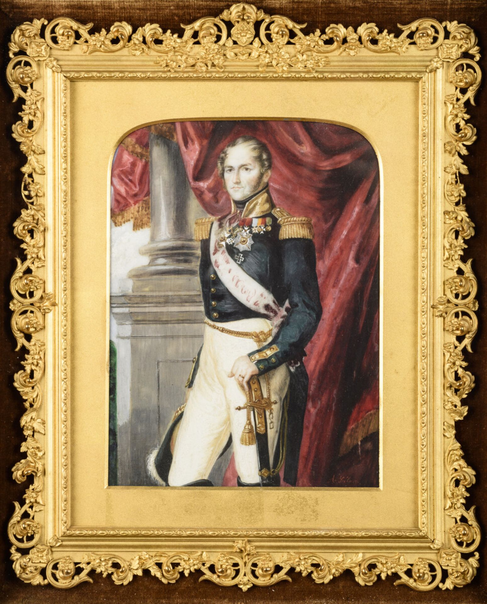 Alexandre de La Tour: painting on porcelain 'King Leopold I' (33x28cm with frame)