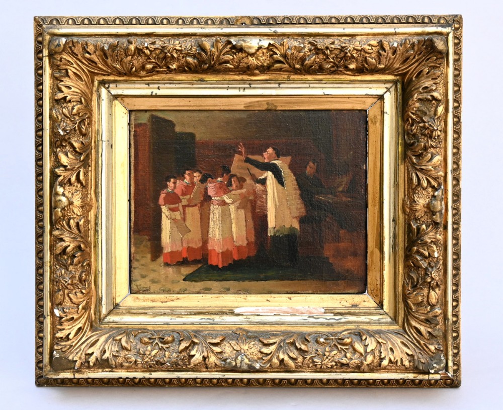 ThÈophile Lybaert: painting (o/c) 'the singing lesson' (21x25cm) - Image 2 of 3