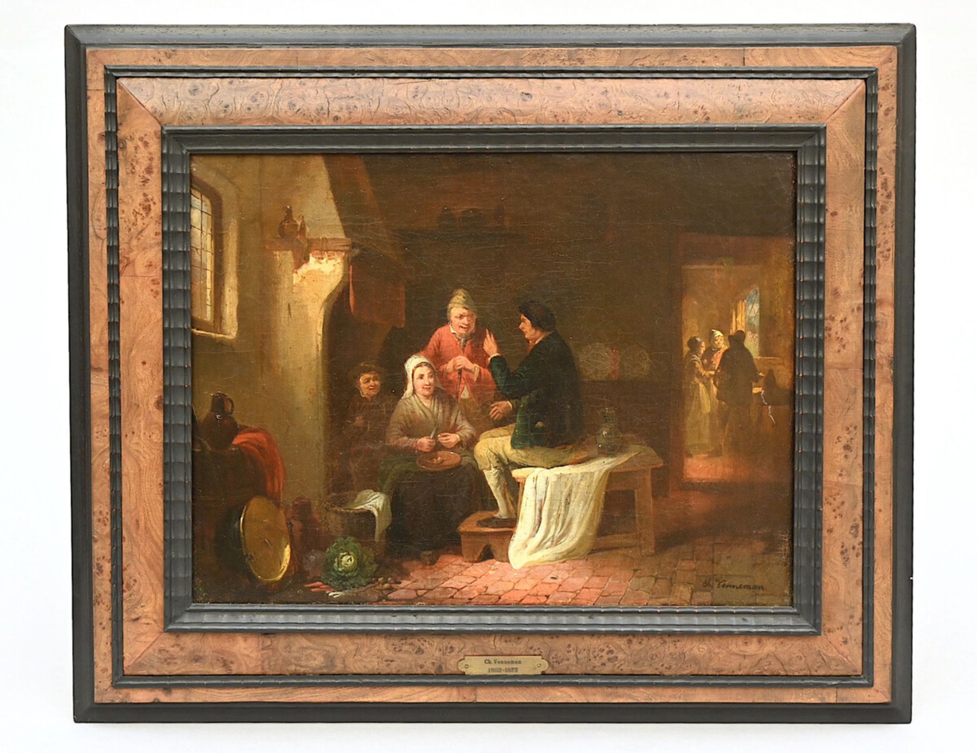 Charles Venneman: painting (o/c) 'Interior scene' (31.5x42cm) (*) - Image 2 of 5