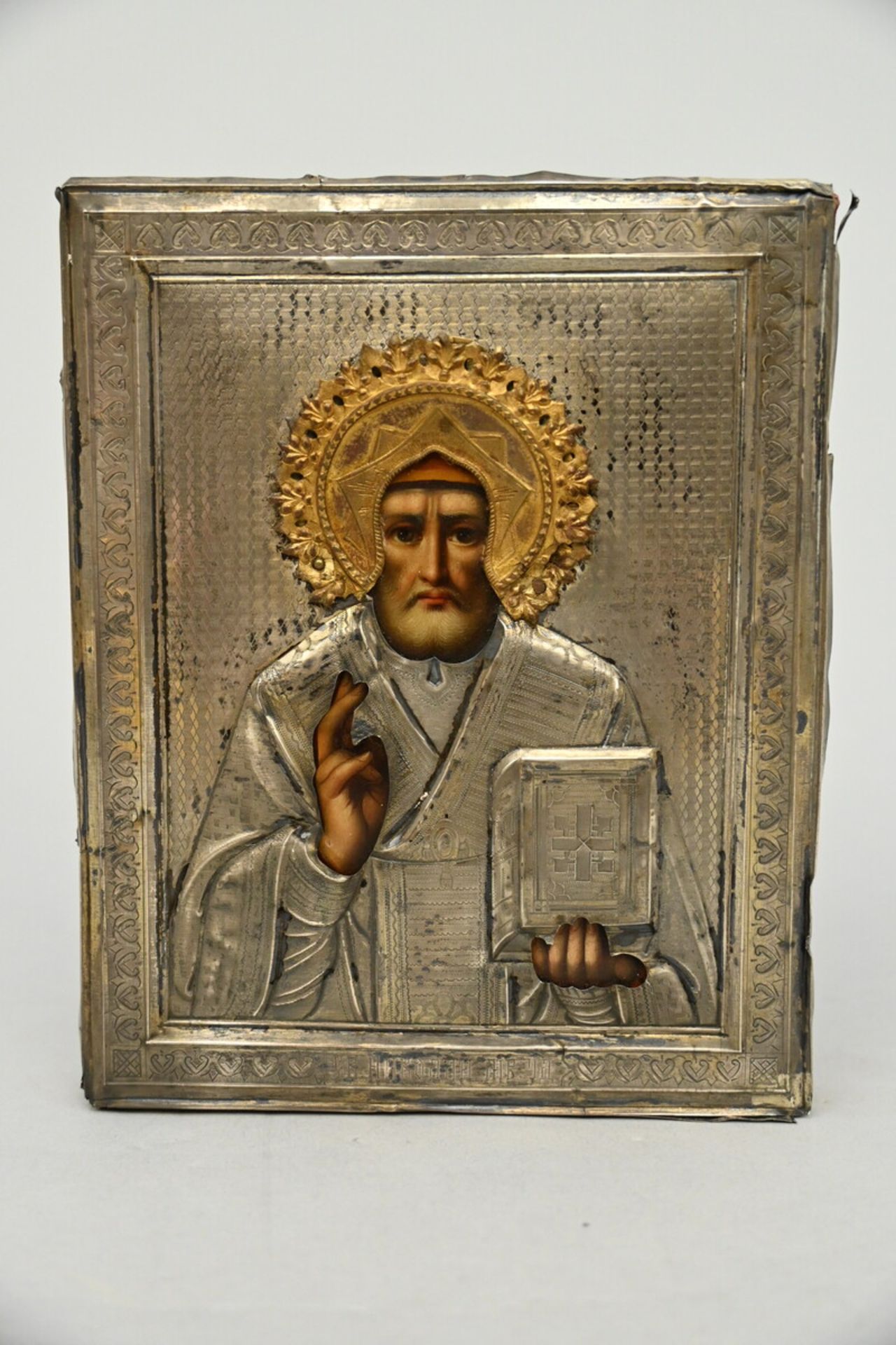 An icon with silver riza 'Saint Nicholas' (18x14.5cm)