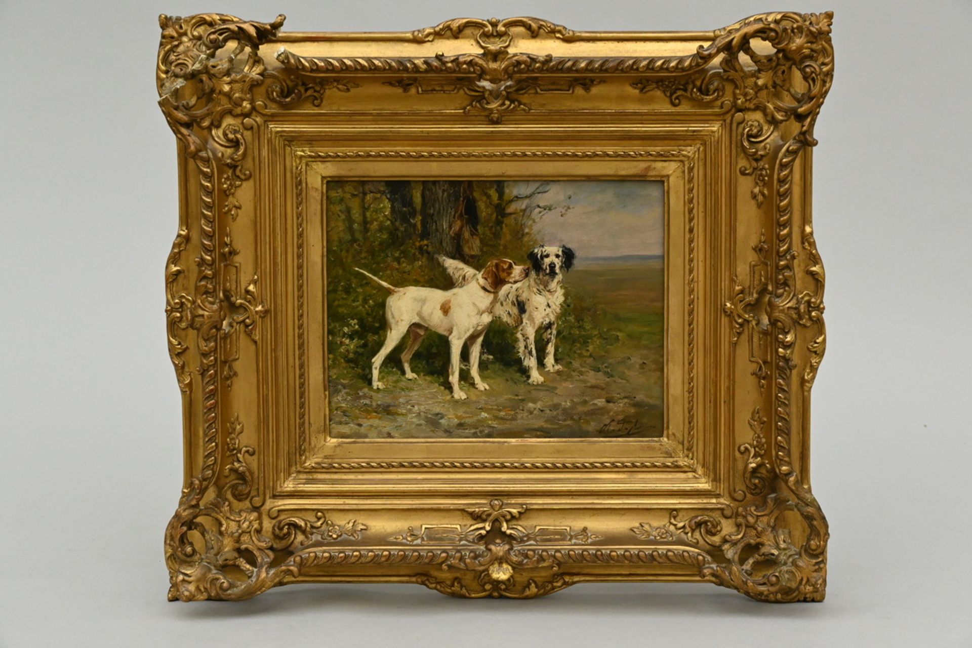 Anonymous (signed illegibly): painting (o/p) 'two hunting dogs' (h18.5x23cm) - Image 2 of 5
