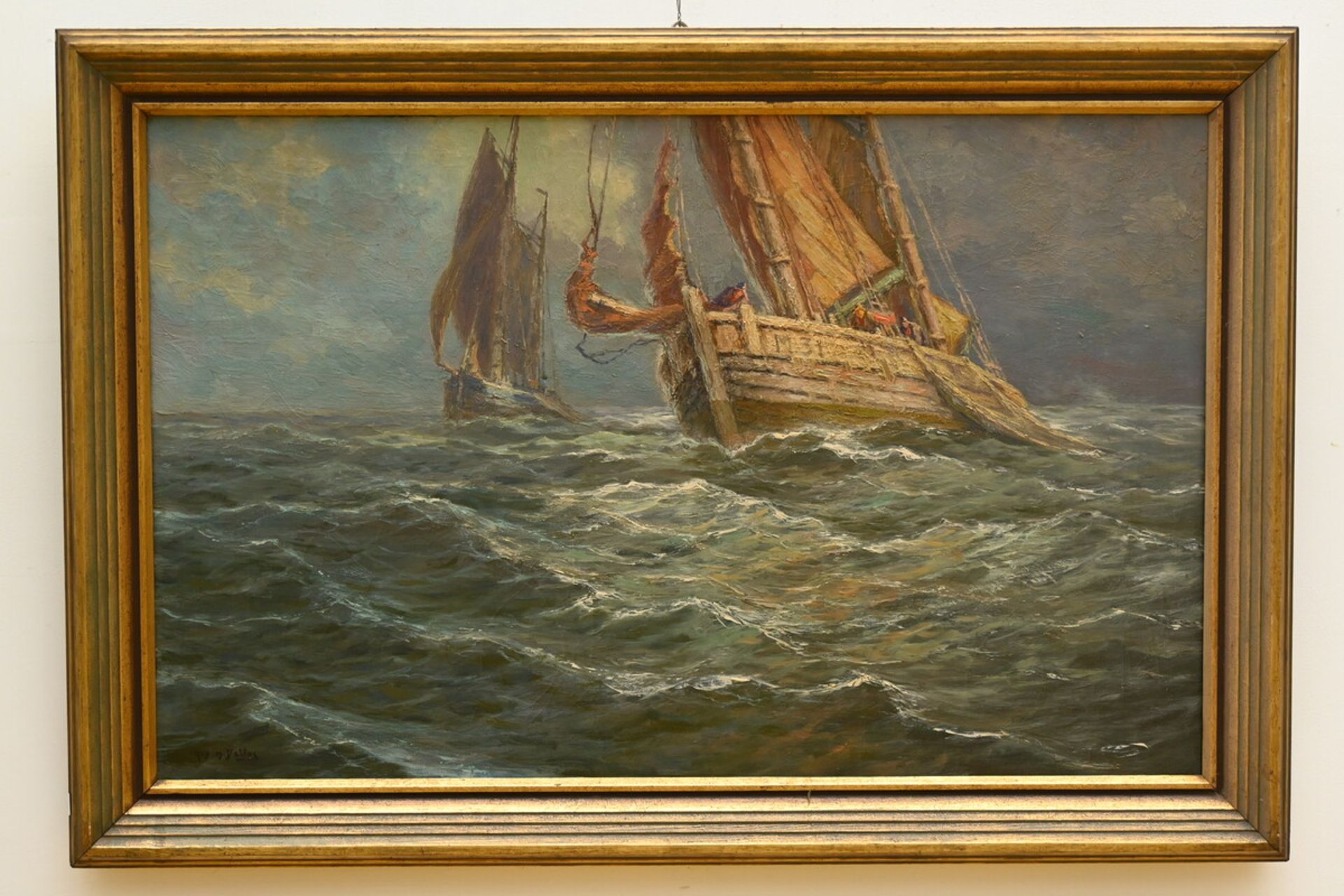 Albert Isidore De Vos: painting (o/c) 'fishermen on a rough sea' (71x111cm) - Image 2 of 3