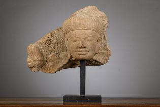 Muchalinda Buddha head in sandstone, Khmer Baphuon style, 11th century (h22cm) (Christie's Paris