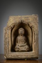 A Chinese buddhist altar in clay, inscription (21.5x16.5x9cm)