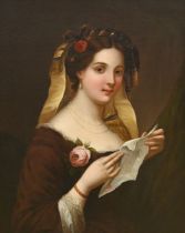 Anonymous (19th century): painting (o/c) 'girl with love letter' (48x38cm)