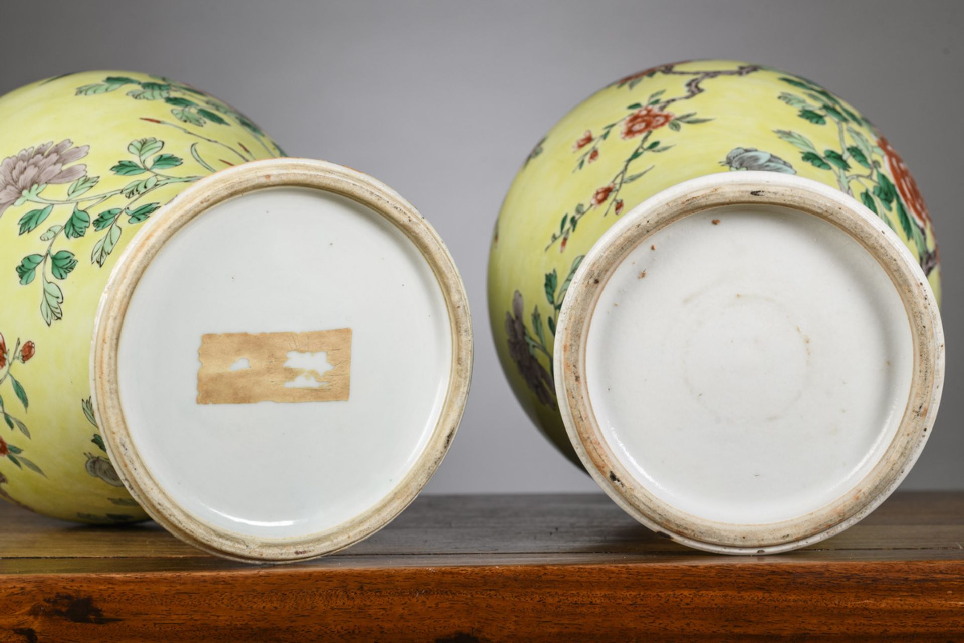 A pair of Chinese famille verte porcelain vases with yellow ground, 19th century (44.5cm) - Image 3 of 5