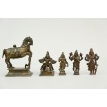 Collection of 5 Indian bronze statues: including Vishnu and Garuda (horse 14x10x6cm)