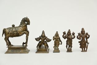 Collection of 5 Indian bronze statues: including Vishnu and Garuda (horse 14x10x6cm)