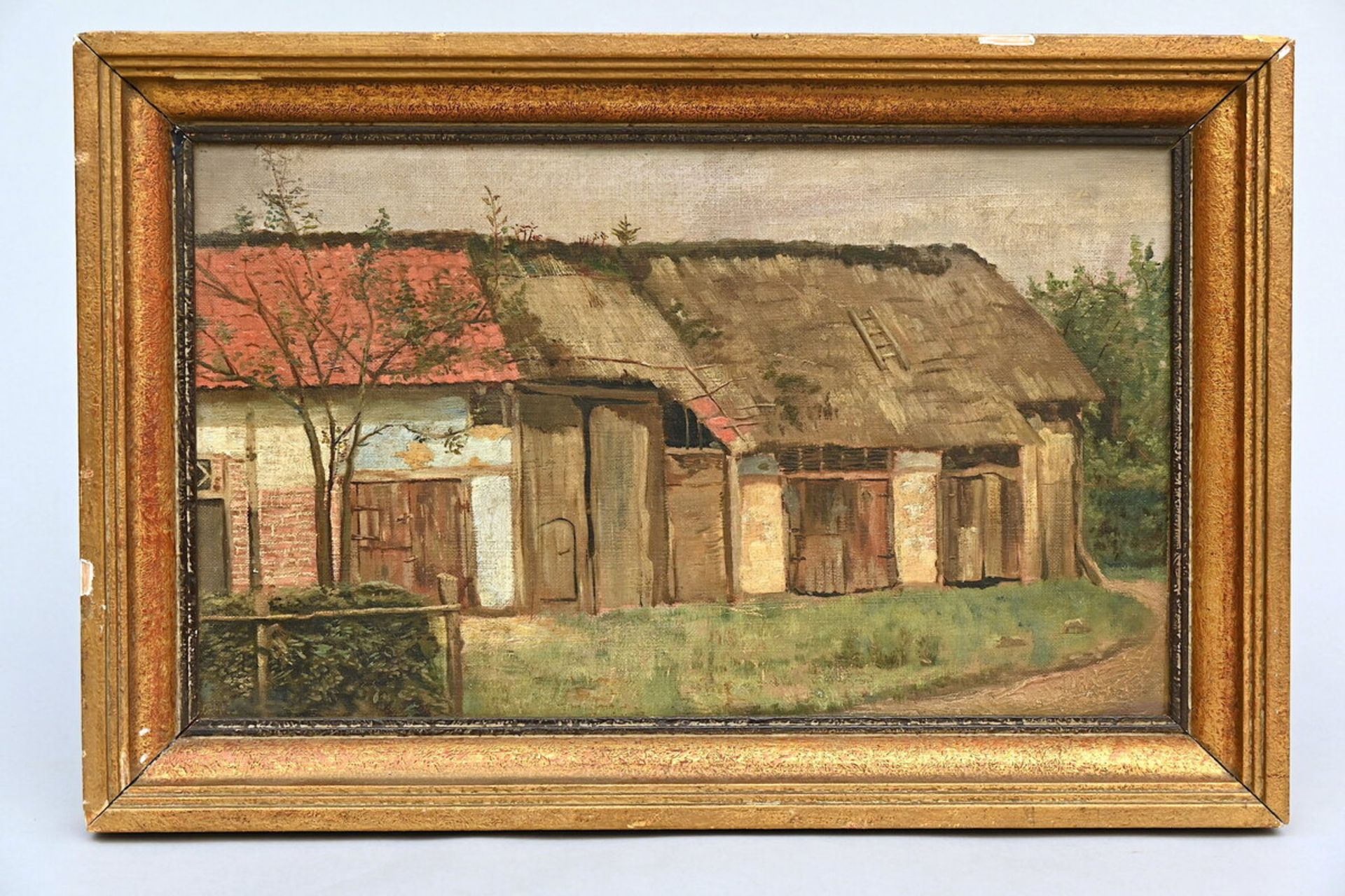 Emile De la Montagne: painting (o/p) 'Farm' (26x43.5cm) - Image 2 of 3