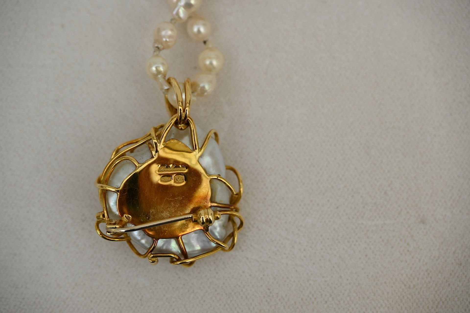 Pendant in yellow gold with freshwater pearls and diamonds (L30cm) + pair of earrings 2x(1.3cm) - Image 3 of 4