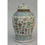 Famille rose lidded vase in Chinese porcelain 'antiquities' (h42cm) (*)