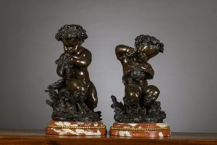 A pair of bronze statues on marble base 'Satyrs', 19th century (bronze h27cm)