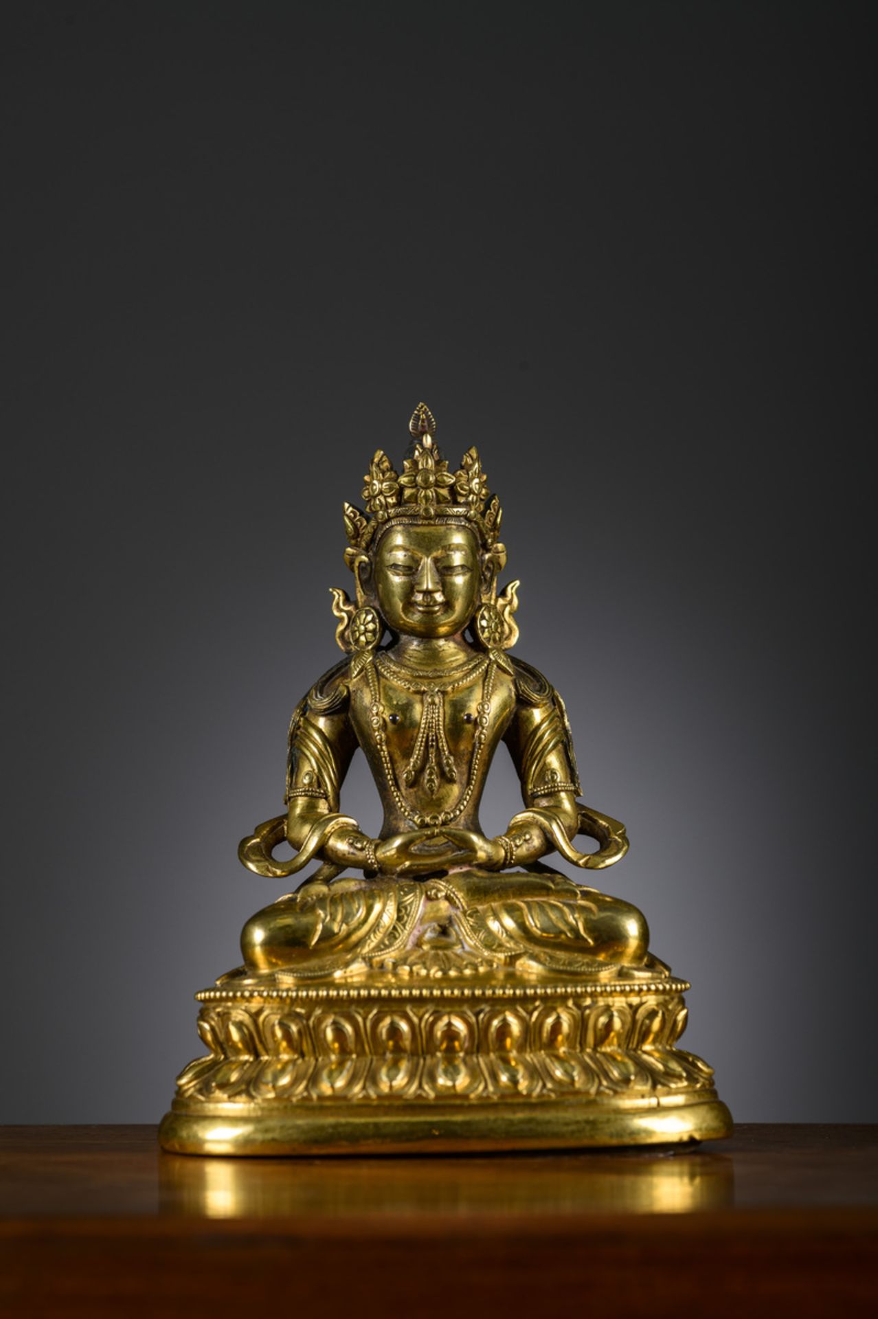 Sino-Tibetan gilt bronze sculpture 'Amitayus', 18th century (h 13.5 cm)