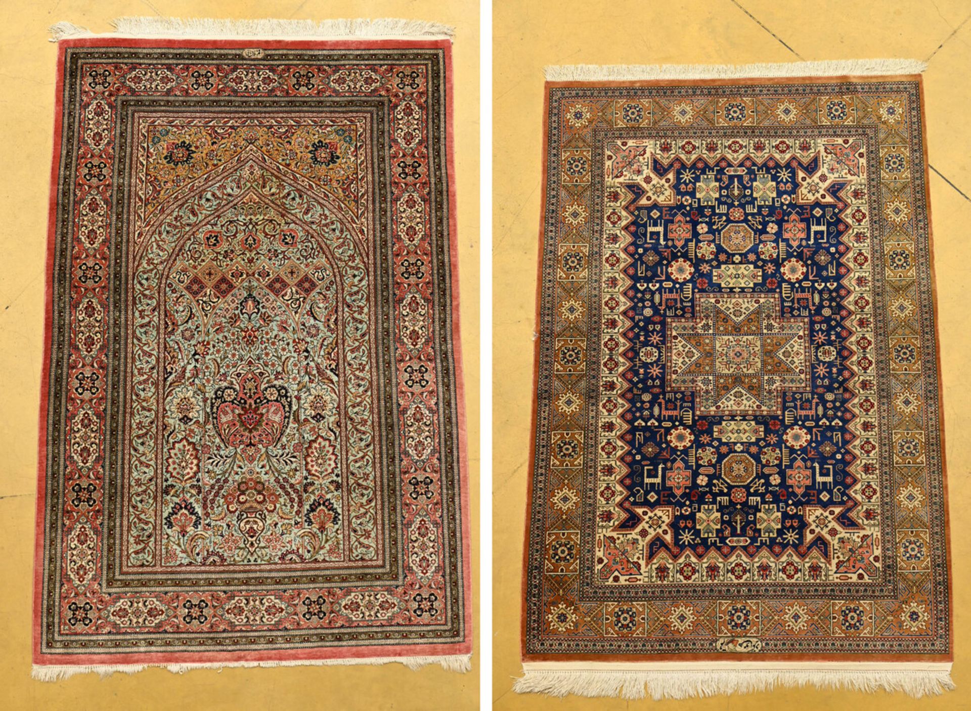 Two Oriental carpets 'pink' (152x98cm) 'blue ground' (153x100cm) (*)