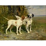 Anonymous (signed illegibly): painting (o/p) 'two hunting dogs' (h18.5x23cm)