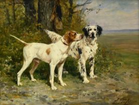 Anonymous (signed illegibly): painting (o/p) 'two hunting dogs' (h18.5x23cm)