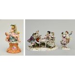 A collection of porcelain sculptures: base (h36cm), dancers (h19cm) and musicians (19.5x32x18cm)