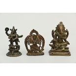 Collection of 3 bronze statues from Nepal and India: Ganesha (11.5cm) Durga (9.5cm) Durga (h10cm)