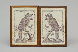 A pair of 'tableaux' with manganese Delft tiles 'parrots' (40x27cm) (*)