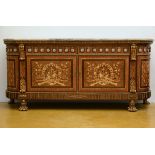 Large sideboard with porcelain plaques and marble top, 20th century (h95x213x60cm)