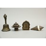 Collection of Tibetan objects: silver cup holder, ritual horn, gau, ritual bell (h23cm)
