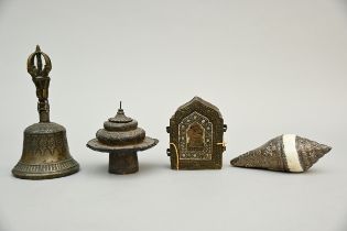 Collection of Tibetan objects: silver cup holder, ritual horn, gau, ritual bell (h23cm)