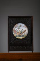 Part of a Chinese table screen in zitan wood with plaque in Beijing enamel, Qianlong period (19x13.