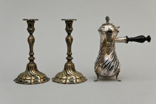 A pair of silver candlesticks (h23.5cm) and chocolate jug (h25cm) (total 1786grams)