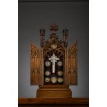 Gothic Revival shrine with relics with mother-of-pearl cross, with certificates (51x23x10.5cm)