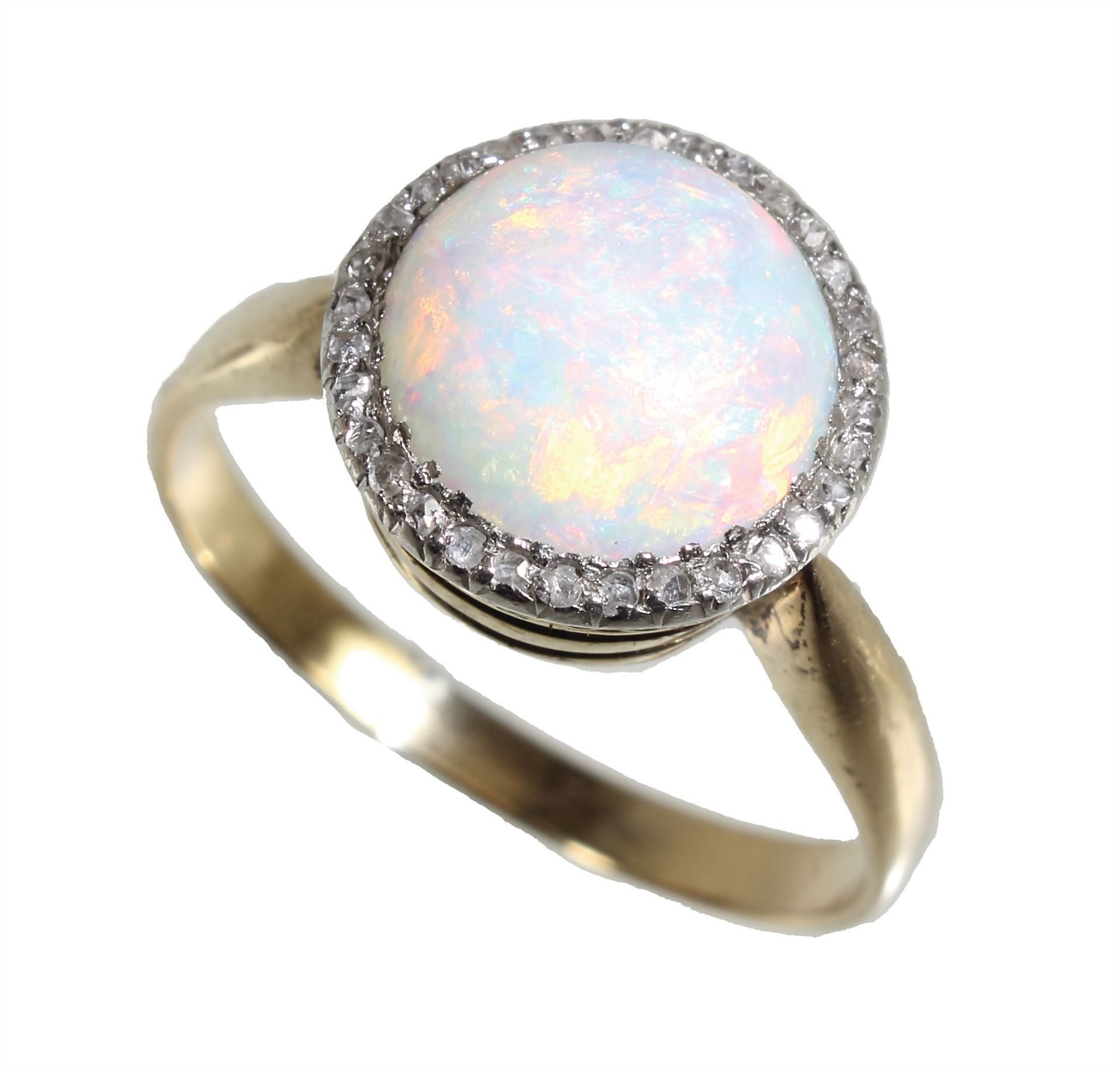 Feiner Ring, ART-DECO 1930/40er Jahre, GG 585/000, zentraler Opal  ca.2,2 ct (D = ca. 9,0 mm) ...