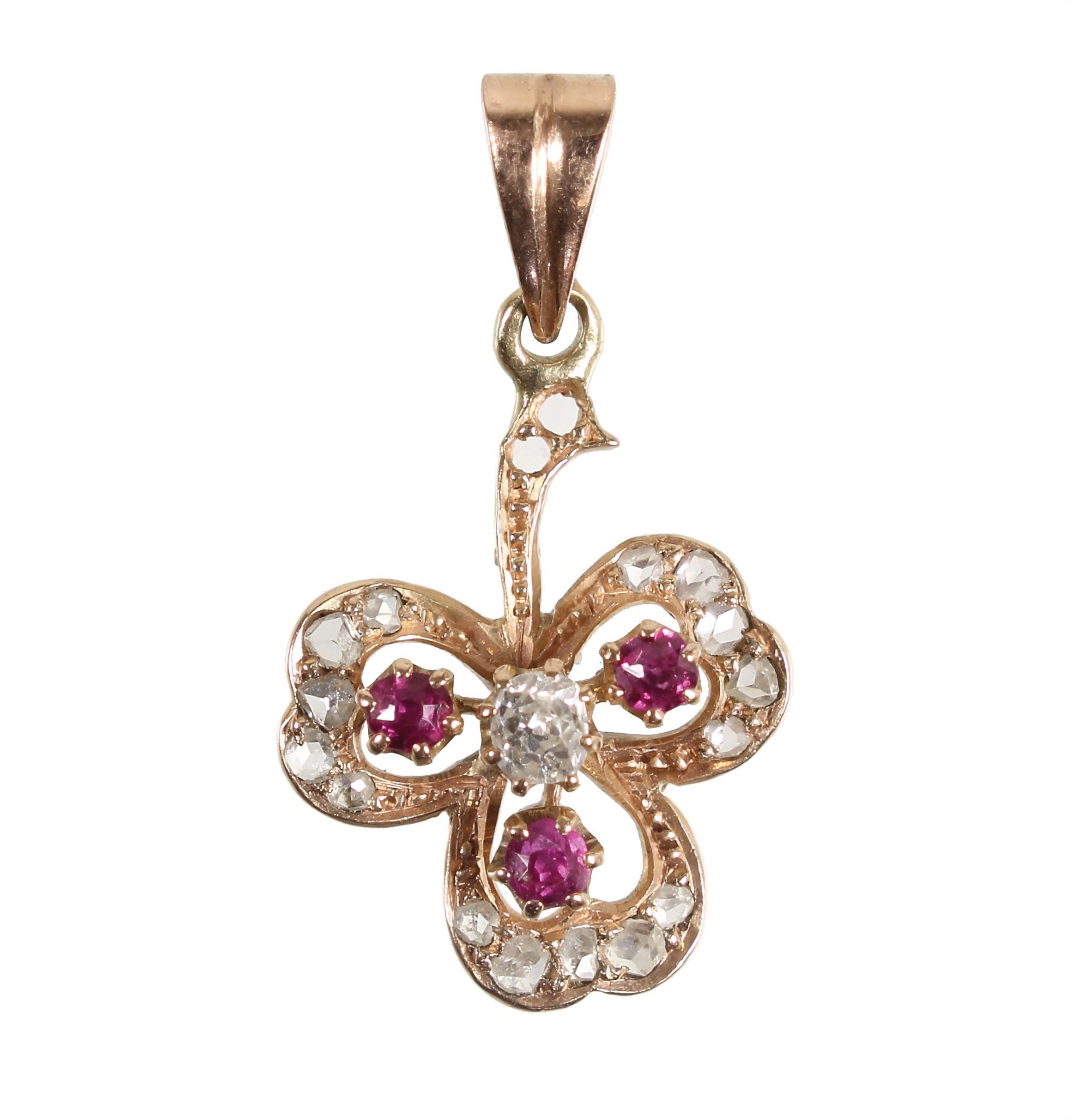 pendant CLOVERLEAF  around 1900, rose gold 585/000, in the center an old cut diamond c. ...