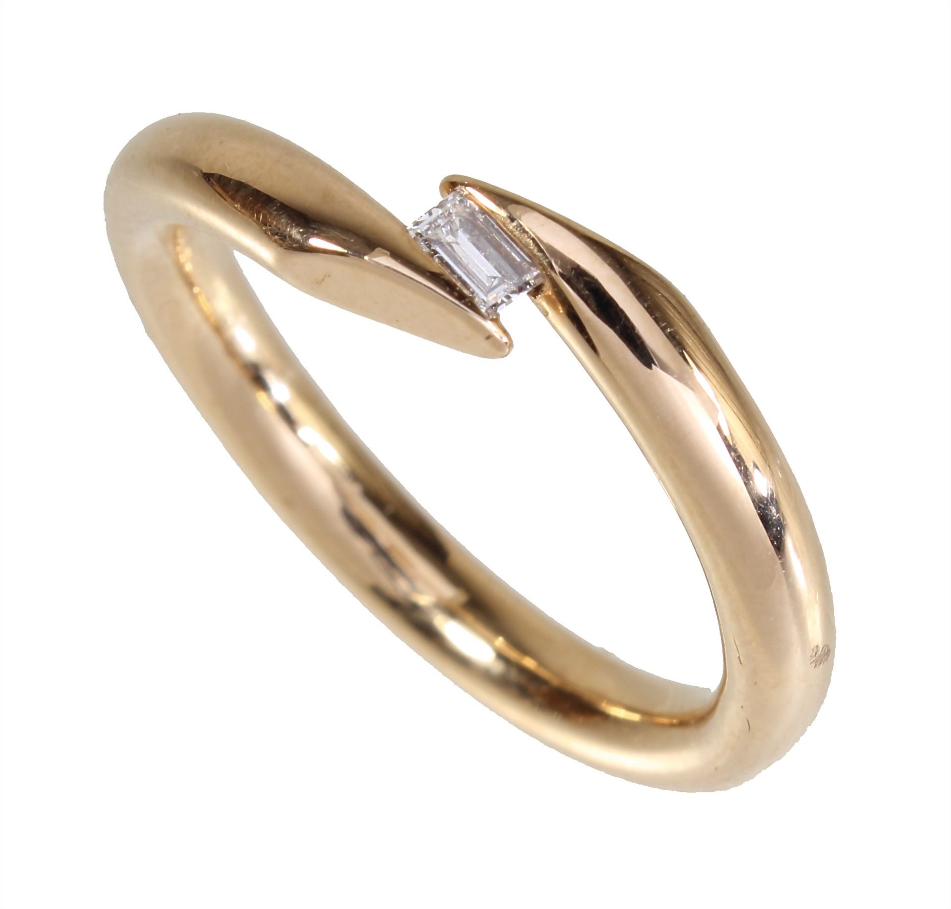 Ring, ROSÉ 750/000, sig. K.RU, 1 Diamant-Baguette ca. 0,07 ct tw-vvsi, RW ca. 54,5, total 3,0 g