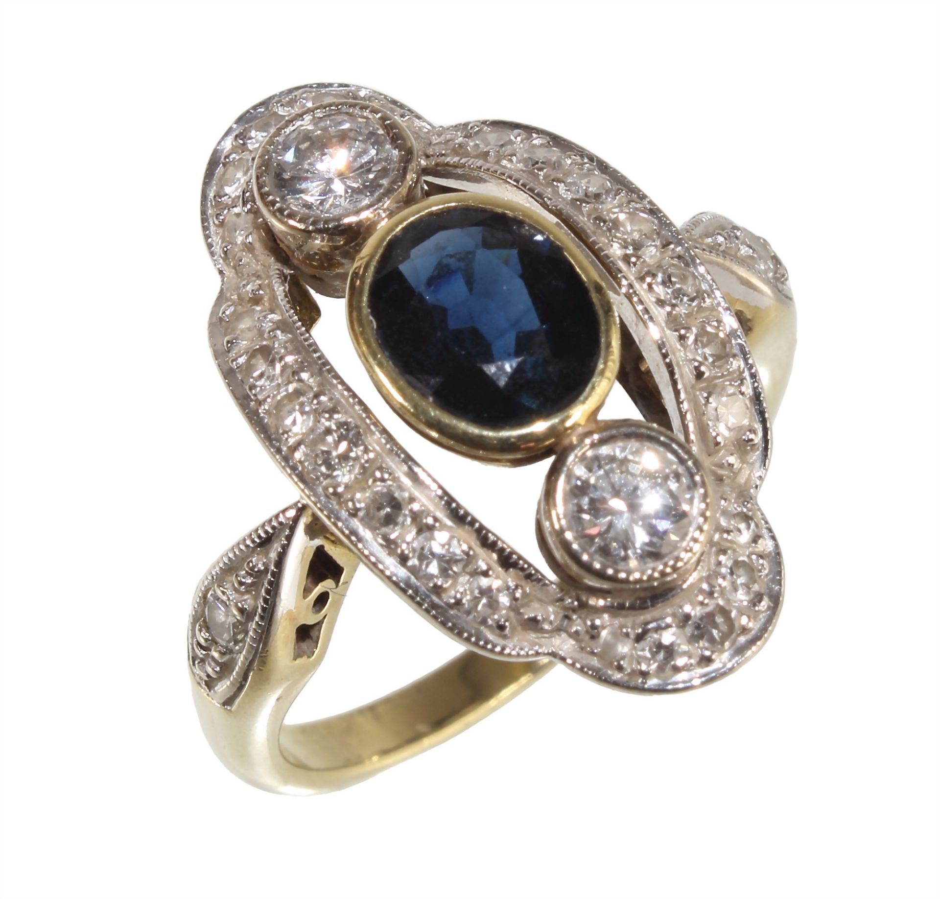 Ring, GG 585/000, zentraler Saphir ca. 1,2 ct, 2 Brillanten ca. 0,36 ct tw-vsi, wellenförmig ...