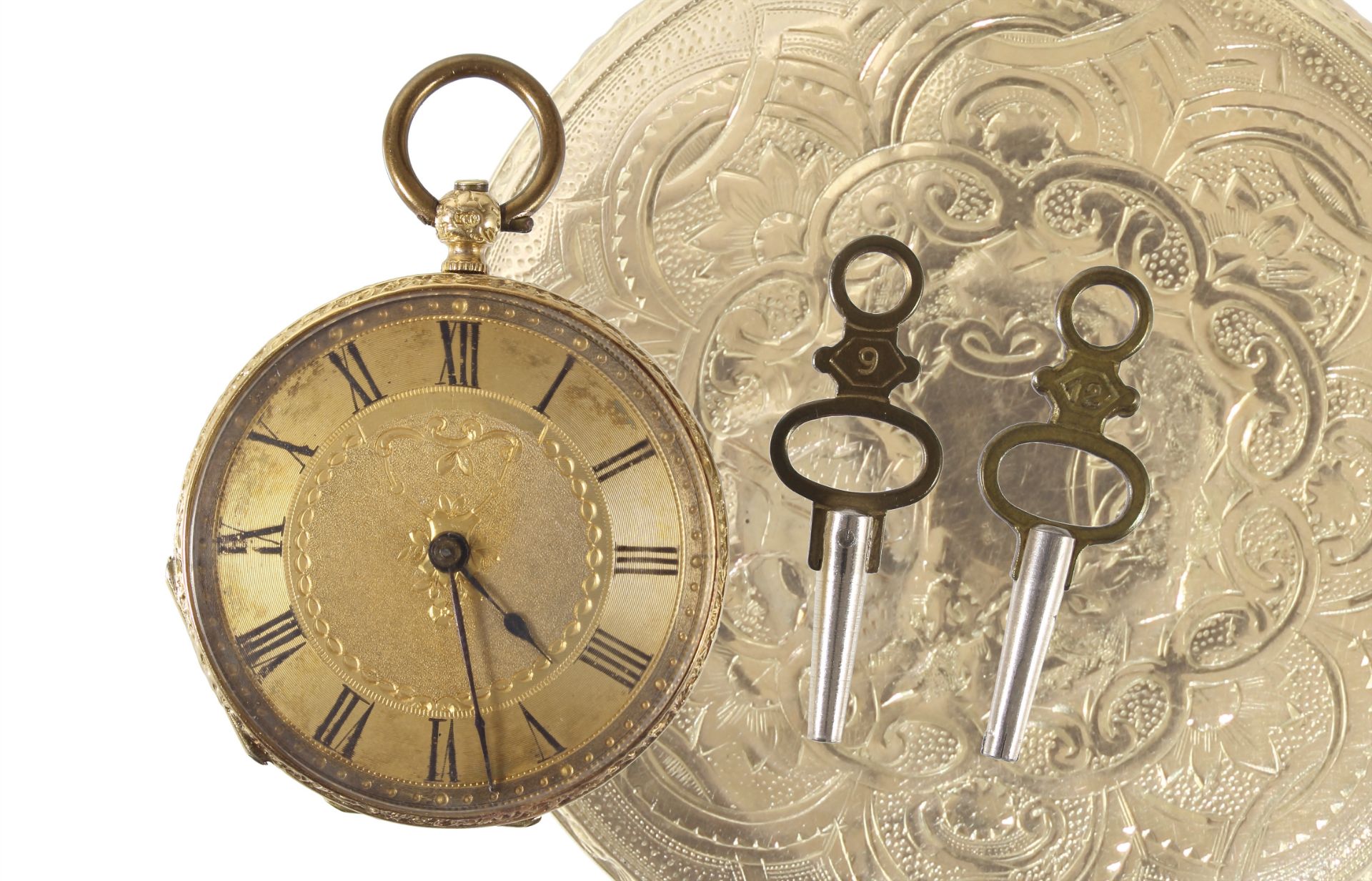 Schlüssel-Taschenuhr um 1880, GG 585/000, goldfarbenes Z-Blatt, gebl. Zeiger, röm. Zahlen, ...