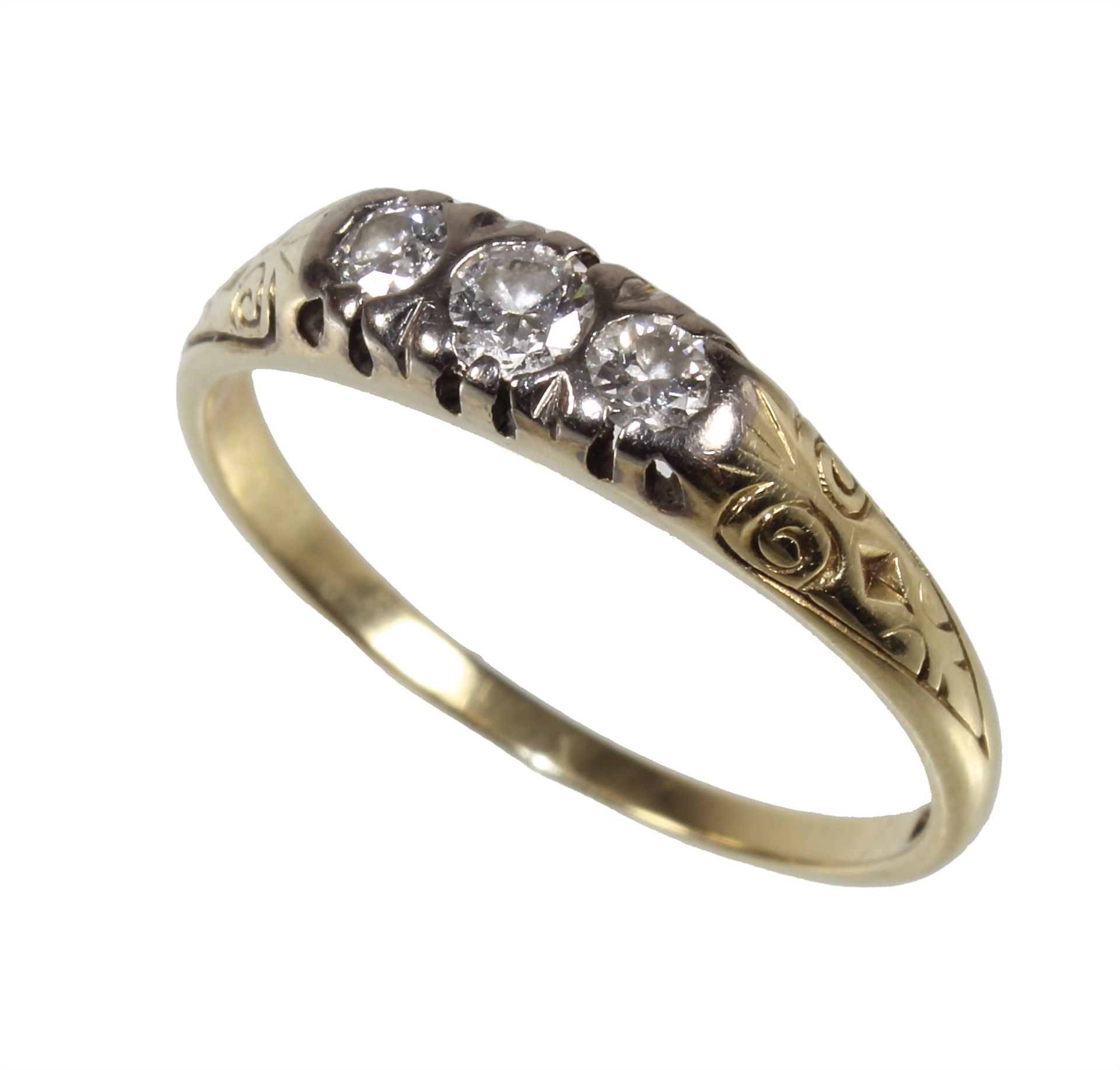 Ring 1.Hälfte 20.Jhd., GG 585/000, 3 Brillanten/Diamanten ca. 0,26 ct tw/w-si, Ringschiene ...