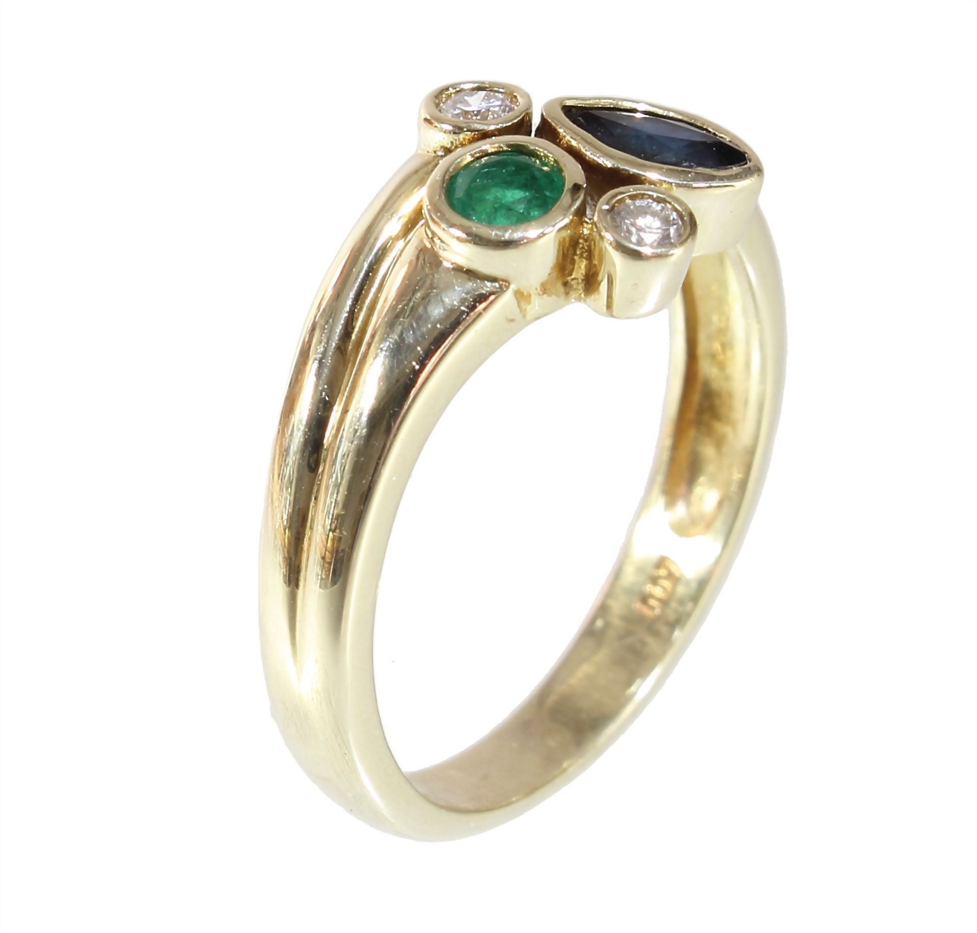 Ring, GG 585/000, 2 Brillanten ca. 0,07 ct tw/w-si, 1 Saphir in Navetteform, 1 Smaragd ca. ... - Bild 3 aus 3