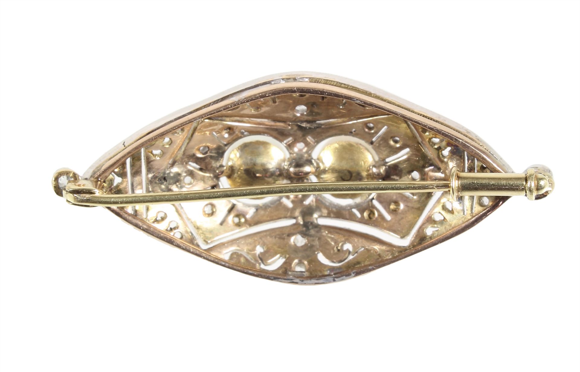 brooch, ART-DECO 1930/'40s, yellow gold 585/000, 2 central Akoya pearls (diameter  = 5.6 mm), ... - Image 2 of 2