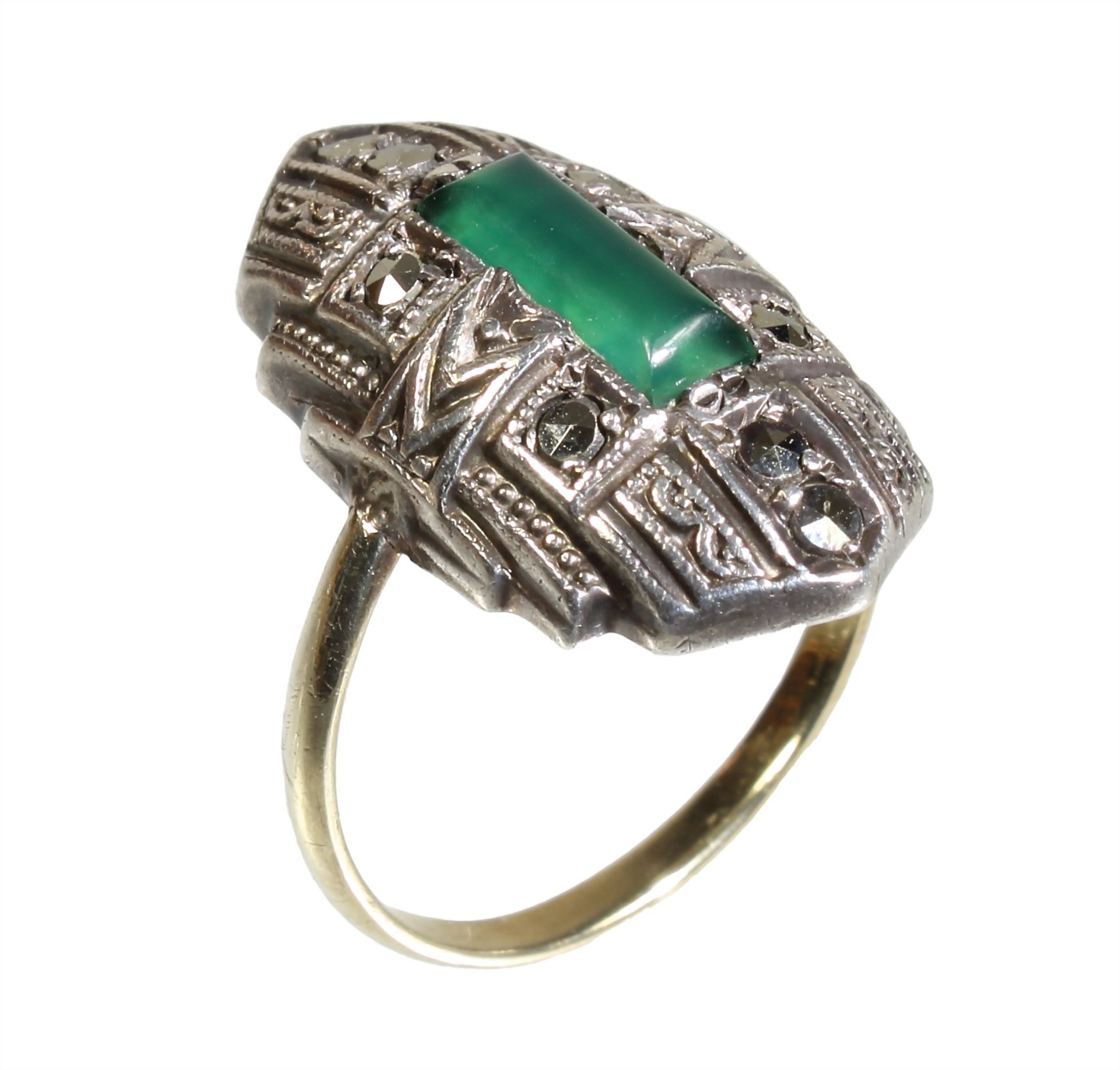 Ring, ART-DECO 1930/40er Jahre, Silber, Ringschiene GG 333/000 (später), grüner Calcedon, ... - Bild 2 aus 2