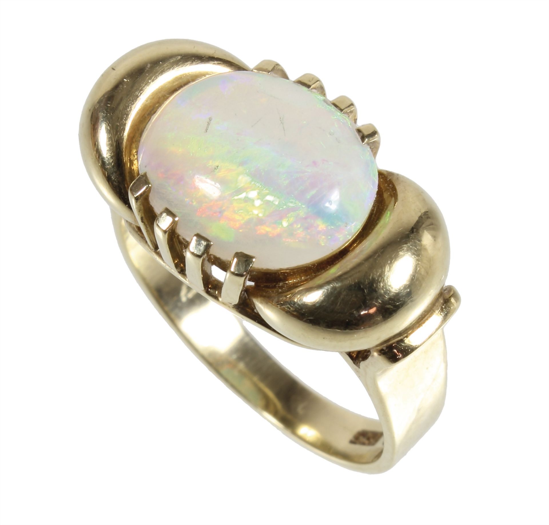 Ring, GG 585/000, Australischer Opal ca. 3,5 ct (12,0 0 x 10,0 mm), schönes Farbenspiel in ...