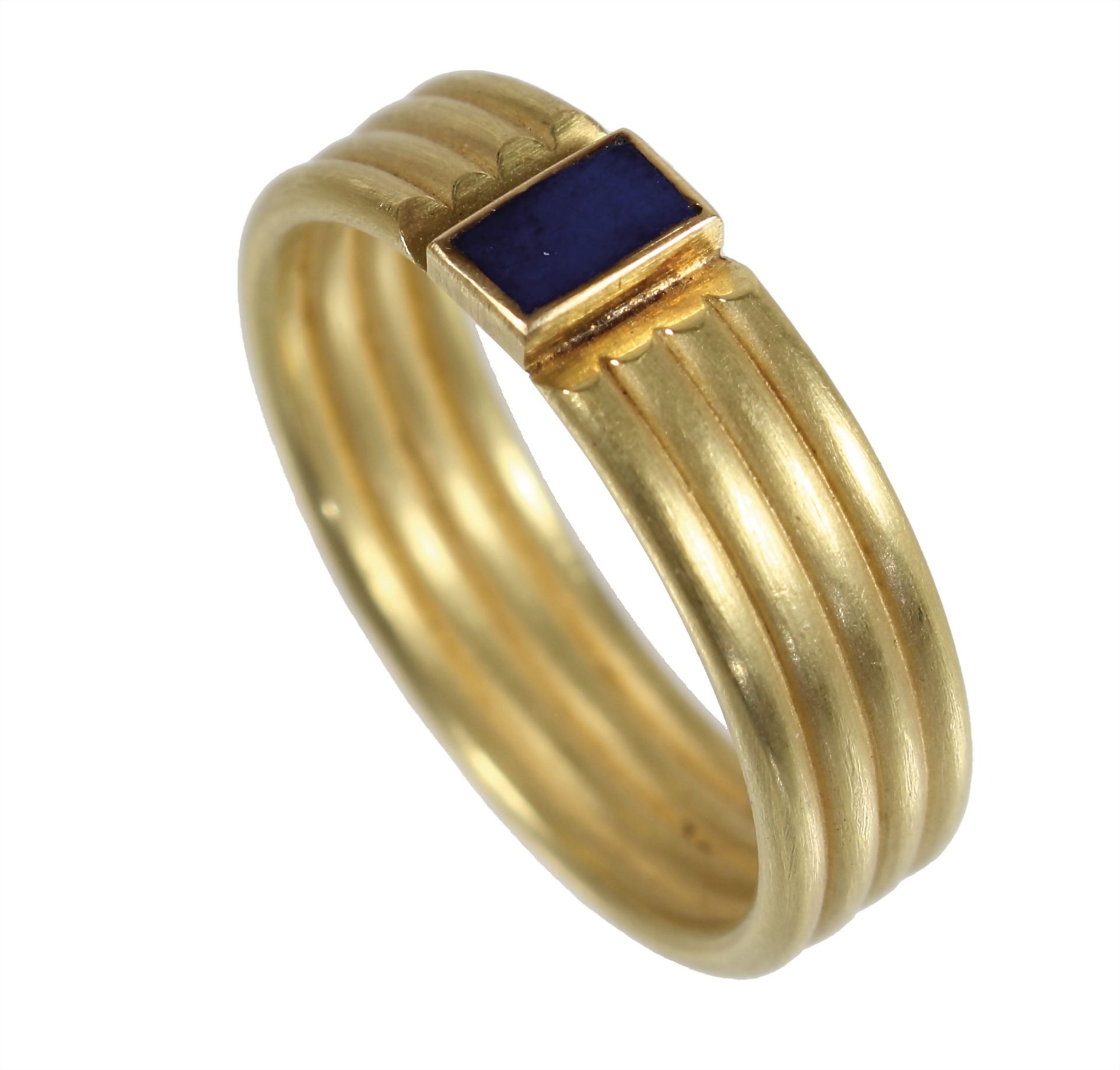 Ring, GG 750/000, sig. CS (Stütz Schwäb. Gmünd), Lapis, gerillte Ringschiene, RW ca. 54