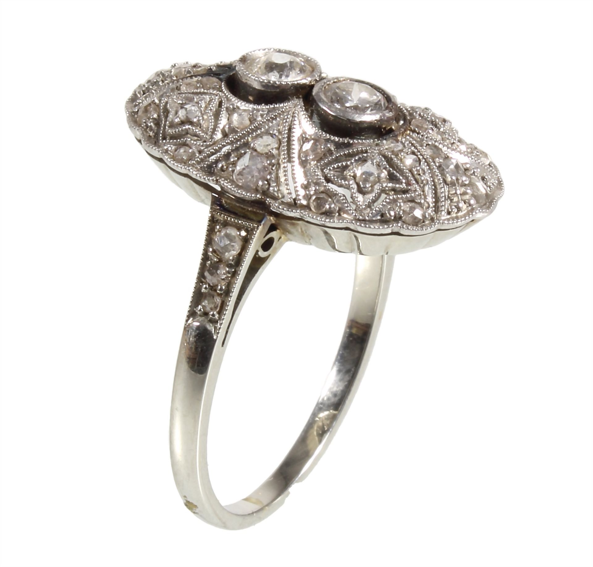 ring, ART-DECO 1920/'30s, white gold 750/000, 1 old cut-diamond c. 0.15 ct white, 1 brilliant ... - Image 2 of 2