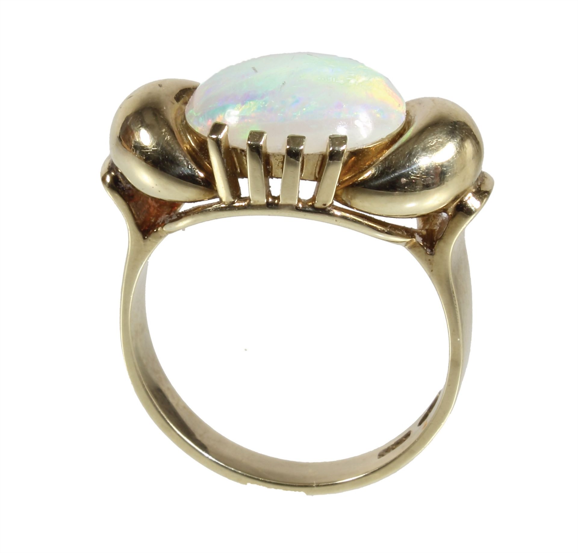 Ring, GG 585/000, Australischer Opal ca. 3,5 ct (12,0 0 x 10,0 mm), schönes Farbenspiel in ... - Bild 2 aus 3